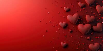 Festive red hearts scattered on a vibrant background create a romantic atmosphere for celebrations and special occasions photo