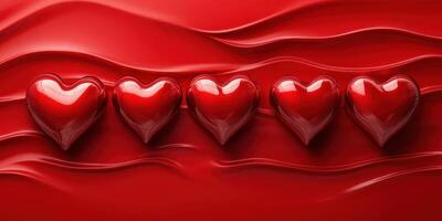 Collection of glossy red hearts arranged on a smooth red surface with flowing patterns photo