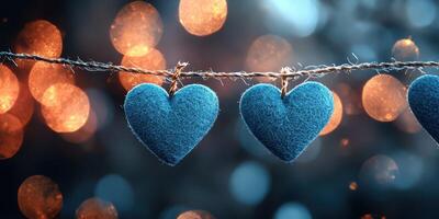 Colorful hanging hearts create a festive atmosphere with warm bokeh lights in the background during an evening celebration photo
