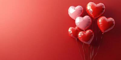 Collection of heart-shaped balloons in varying shades of red against a solid red background photo