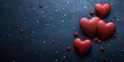 Red hearts scattered on a dark surface with glistening droplets, perfect for romantic occasions and celebrations photo