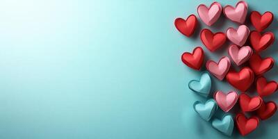 Colorful hearts scattered on a blue background for decoration and celebration photo