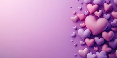 Colorful hearts in various shades of pink and purple scattered over a soft purple background for decoration and celebration photo