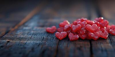 Colorful red heart-shaped candies scattered on a wooden surface, creating a sweet and festive appearance photo