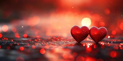 Two sparkling red hearts surrounded by shimmering bokeh lights on a blurred background during twilight photo
