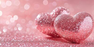 Sparkling pink hearts with glitter on a soft pink background create a romantic and festive atmosphere for celebrations photo