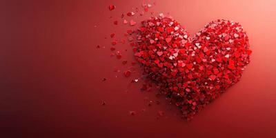 Heart shape created from scattered red hearts on a gradient red background for romantic occasions and celebrations photo