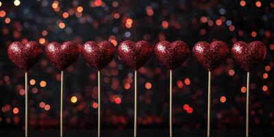 Decorative red glitter heart lollipops on sticks with a festive background for celebrations photo