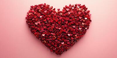 Heart-shaped arrangement of small red and pink hearts on a soft pink background for a celebration of love photo