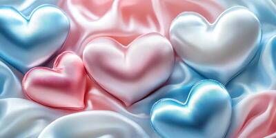 Decorative satin hearts in soft pastel colors arranged on silky fabric photo