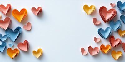 Colorful paper hearts arranged creatively on a white background for crafts or decorations photo