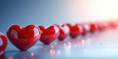 Red hearts arranged in a line on a shiny surface reflecting soft light during a romantic evening photo