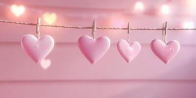 Colorful heart decorations hanging on a string in a soft pink setting for a romantic celebration or event photo