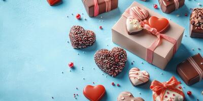 Delicious assortment of heart-shaped chocolates and festive gift box on blue background photo