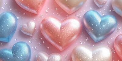Colorful glittery hearts scattered on a pastel background create a festive atmosphere for celebrations or romantic occasions photo