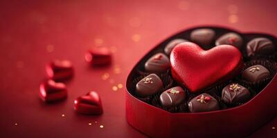 Heart-shaped chocolate box filled with assorted treats and decorative hearts on a red background for a festive occasion photo