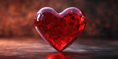 Red heart-shaped crystal on a textured surface reflecting warm light during an intimate setting photo