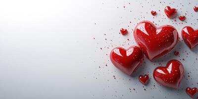Colorful red hearts scattered on a light background create a cheerful and romantic atmosphere for celebrations photo