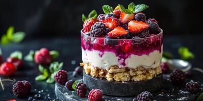 Delicious berry parfait layered with cream and crunchy granola on a black surface location in a kitchen setting photo