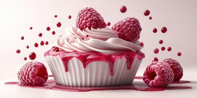 Delightful raspberry dessert with whipped cream and berry sauce on a light background photo