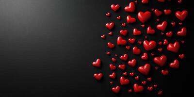Red hearts scatter on a dark background creating a romantic and festive atmosphere for special occasions photo