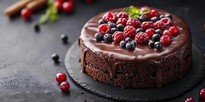 Decadent chocolate cake topped with fresh berries displayed on a rustic black slate surface photo
