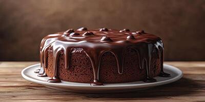 Decadent chocolate cake with glossy ganache served on a rustic wooden table photo