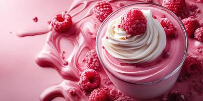 Delicious raspberry dessert served in a clear bowl with whipped cream and fresh berries on a pink background photo