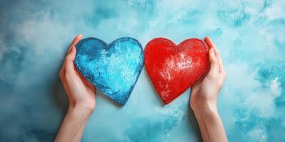 Hands holding red and blue hearts against a textured blue background, symbolizing love and unity at creative art activity photo
