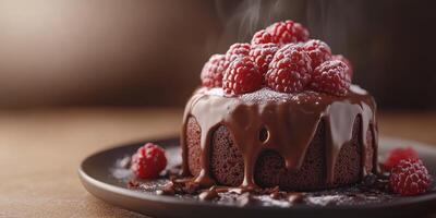 Delicious chocolate cake with fresh raspberries served on a dark plate in a cozy setting photo