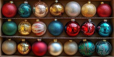 Colorful collection of Christmas ornaments arranged neatly in a cardboard box ready for holiday decorations photo