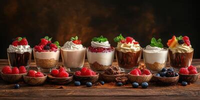 Delicious dessert selection with vibrant toppings on wooden table in cozy setting photo