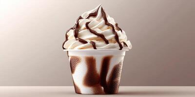 Delicious swirl of soft serve ice cream topped with chocolate sauce in a cup on a neutral background photo