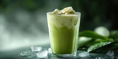 Creamy matcha drink served in a glass with ice and green tea leaves near the glass in a serene environment photo