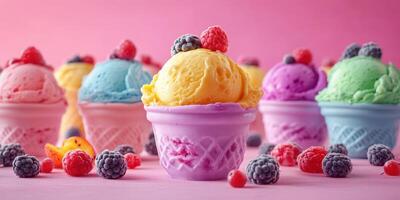 Colorful ice cream cones with assorted flavors and fresh berries arranged on a pink background during daytime photo