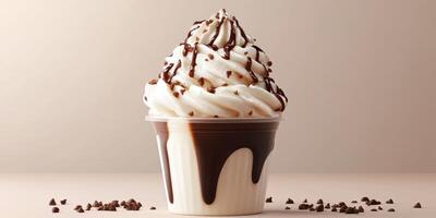 Delicious chocolate and vanilla swirl soft serve with toppings in a cup on a light background photo