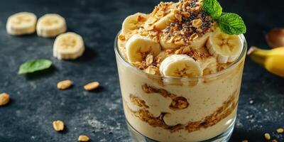 Delicious banana parfait with granola and mint served in a clear glass on a dark surface photo