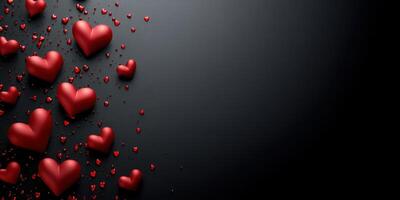 Display of red hearts scattered on a dark surface creating a romantic and festive atmosphere for celebrations photo