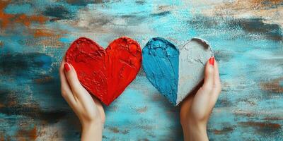 Creative hands hold vibrant red and blue heart shapes against a textured, colorful background representing love and connection photo