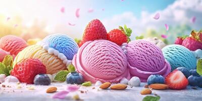 Colorful scoops of ice cream with fresh berries and nuts displayed under a bright sunny sky in a scenic outdoor setting photo