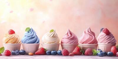Colorful ice cream cups arranged in a row with fresh fruits on a pastel background photo