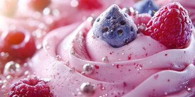 Delicious dessert featuring pink frosting topped with strawberries and raspberries in a colorful arrangement photo