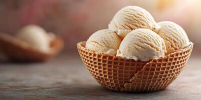 Creamy vanilla ice cream scoops served in a waffle cone bowl on a rustic table under soft lighting photo