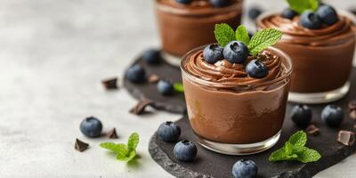 Delightful chocolate mousse topped with fresh blueberries and mint leaves served in glass cups on a dark slate board photo