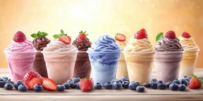 Colorful frozen desserts in clear cups arranged on a wooden table with fresh fruits in a bright atmosphere photo