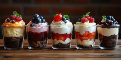 Colorful dessert cups with layers of cream, fruit, and cake displayed on a wooden table in a cozy setting photo