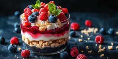 Delicious dessert with layers of cream, fruit, and cookie crumbs served in a clear glass bowl photo