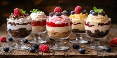 Assorted dessert cups featuring layers of cream, fruit, and chocolate on a rustic wooden table photo