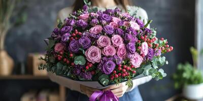 Woman holds a large bouquet of pink and purple flowers in a flower shop with a cozy atmosphere photo