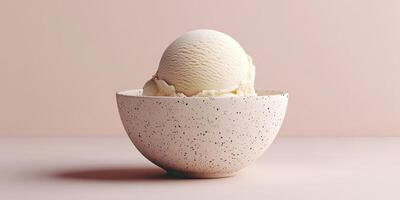 Creamy vanilla ice cream in a stylish speckled bowl on a minimalist countertop during a sunny afternoon photo